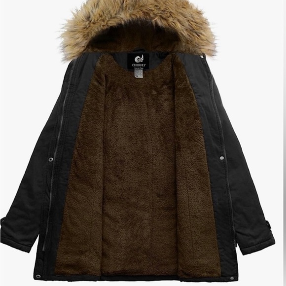 CHERFLY WINTER FLEECE LINED With Faux FUR TRIM HOOD PUFFER COAT JACKET BLACK MED - Picture 3 of 8